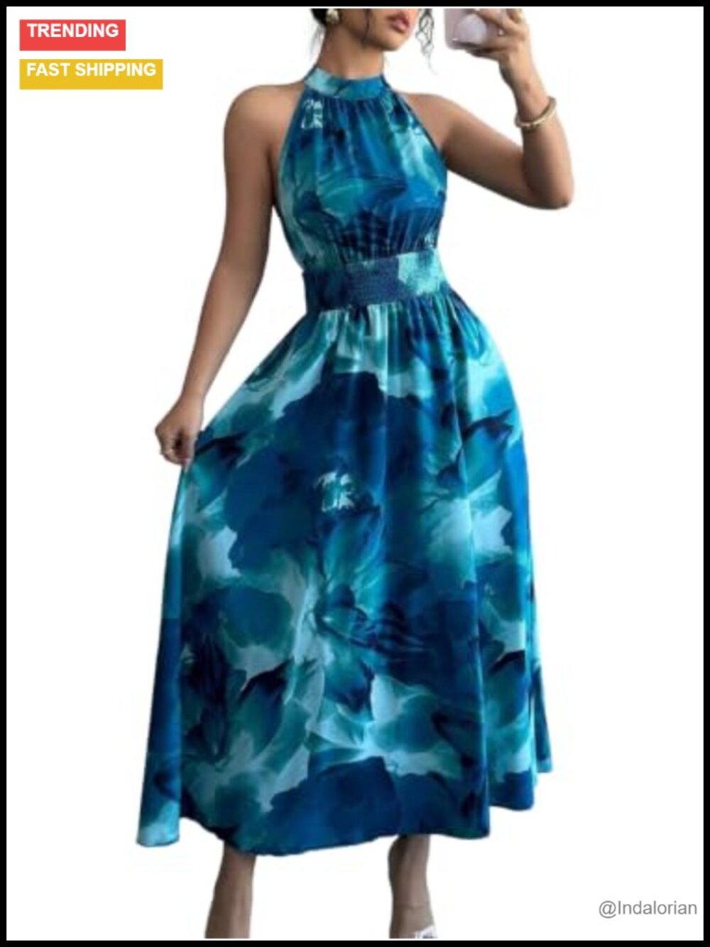 SISKIN Smocked High Waist Floral Halter Maxi Summer Dress